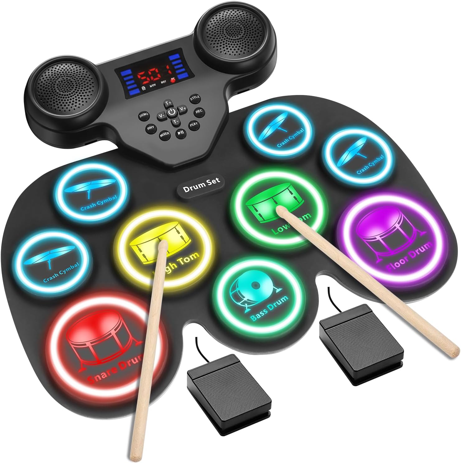 Electronic Drum Set with 7-Color LED Light Show on Strike, 9-Pad Electric Drums Set Bluetooth MIDI Support, Extra-thick Electric Drum Pads for Better Rebound, Perfect Christmas/Birthday Gift for Kids