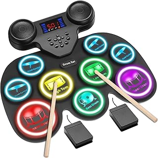 Electronic Drum Set with 7-Color LED Light Show on Strike, 9-Pad Electric Drums Set Bluetooth MIDI Support, Extra-thick Electric Drum Pads for Better Rebound, Perfect Christmas/Birthday Gift for Kids