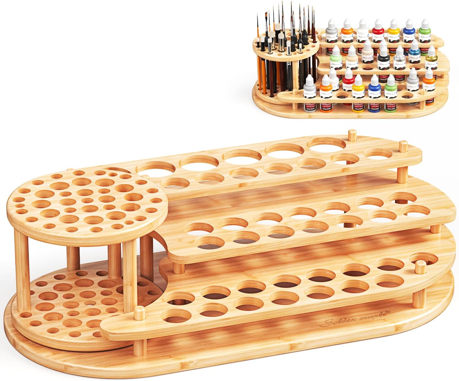 golden maple Bamboo Paint Organizer and Paint Brush Holder 2-in-1, 3-Tier Desktop Storage Rack with 42 Paint Bottle Holes & 39 Paint Brush Slots for Miniature Model Painting & Art Crafts