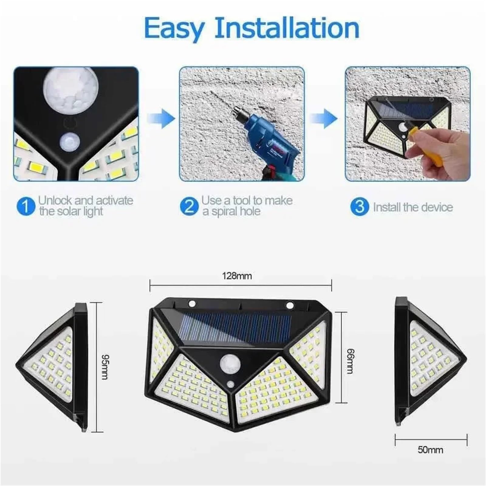 100 solarnych lamp ściennych LED, 1/2/4 szt., zewnętrzna lampa solarna PIR, czujnik ruchu, zasilana energią słoneczną, światło słoneczne, światło uliczne do oświetlenia ogrodowego, 7 szt., 100 diod
