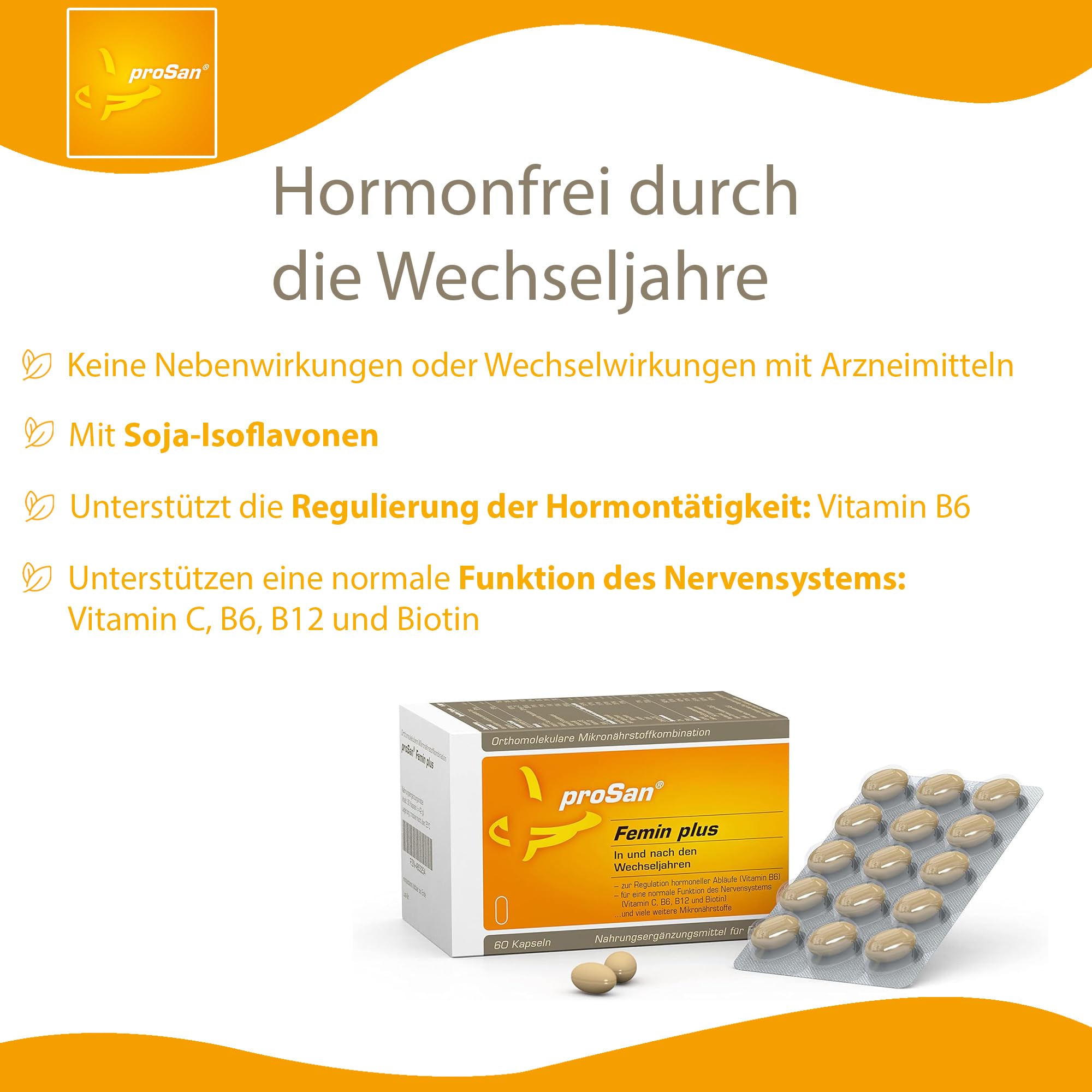 proSan Femin plus Wechseljahre Kapseln (Monatspackung: 60 Kapseln) | Pflanzlich & hormonfrei, Isoflavone & Lignane, Vitamine & Mineralien, Carotinoide & Coenzym Q10