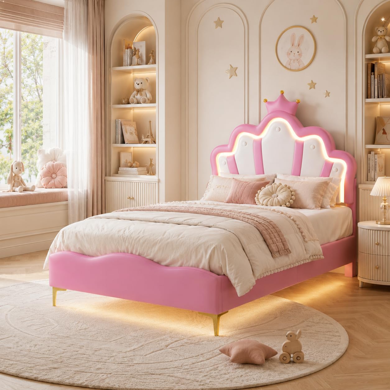 Cama Princesa 90 x 200 con LED, Cama Infantil Acolchada con cabecera Ajustable, PU, sin colchón, Rosa