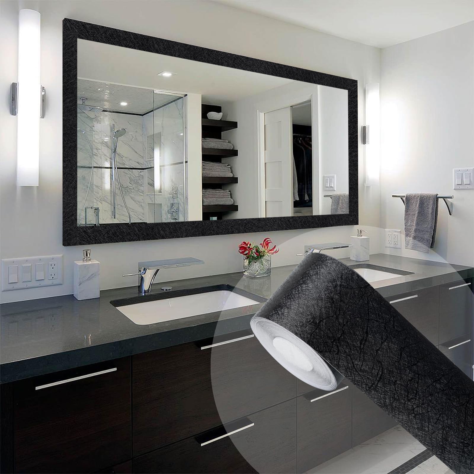 Avinyl 10M Black Mirror Border Peel and Stick Wallpaper, Self Adhesive Waterproof Wallpaper Mirror Frame Tape for Bathroom Decor, Silk Peel and Stick Trim Removable Kitchen Wall Decor 1.96" x 393"