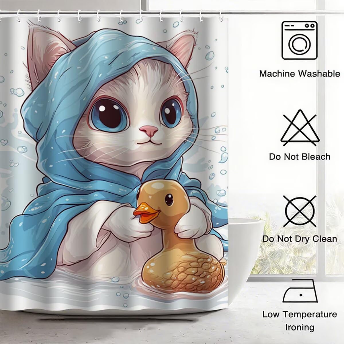 Weiß Duschvorhang 240x200, Duschrollo mit 12 Duschvorhang Haken, Katze Shower Curtains Beschwerter Saum, Waschbar Polyester Stoff Wasserdicht Extra Lang für Badewanne Badezimmer Deko, Geschenke -3443