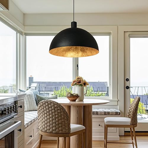 Miniatura 6 de Lámpara colgante de cúpula negra y dorada, lámpara de cúpula grande de 20 pulgadas, accesorio industrial con interior de hoja dorada para comedor,