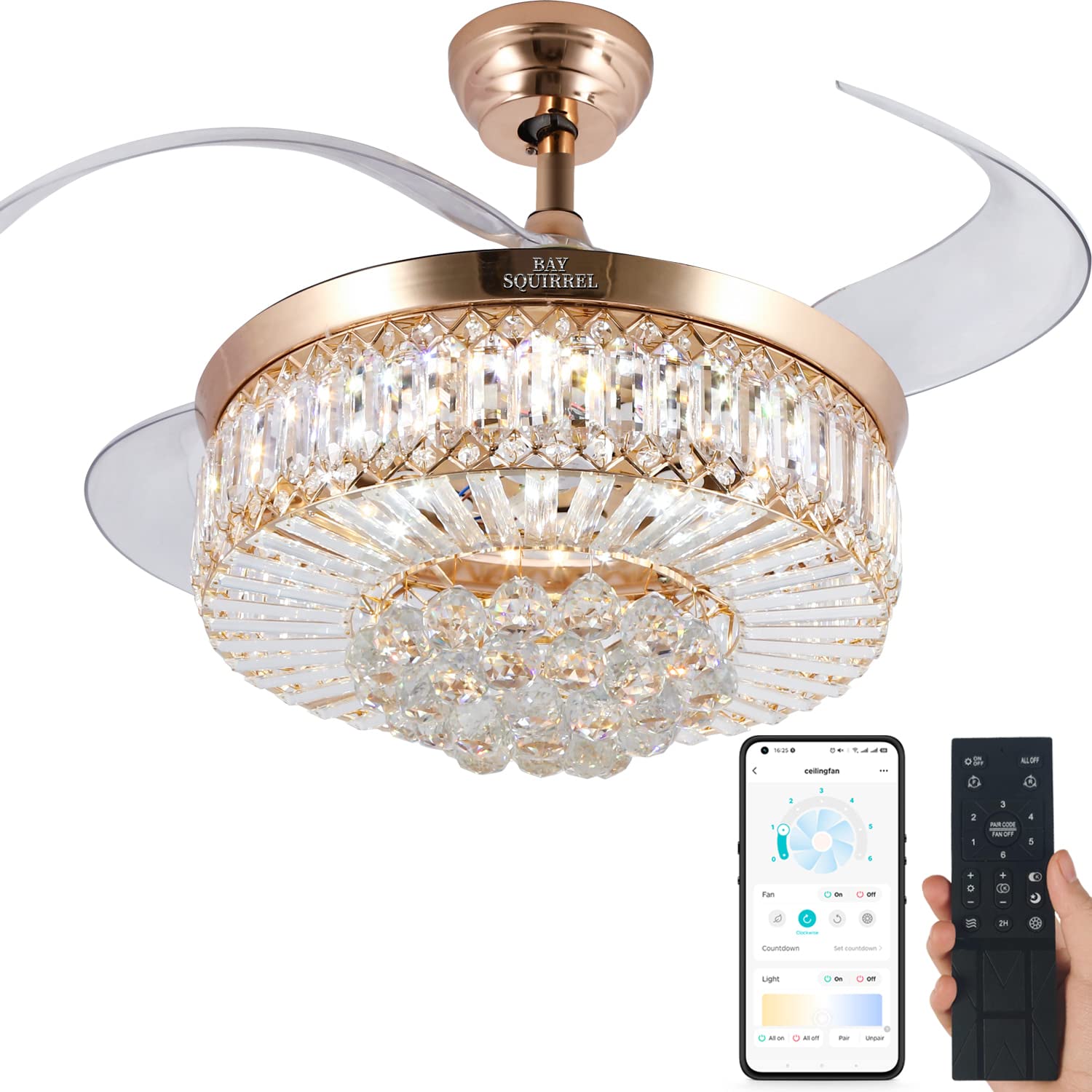 Buy BAYSQUIRREL Retractable Crystal Ceiling Fan with Light, Remote and
