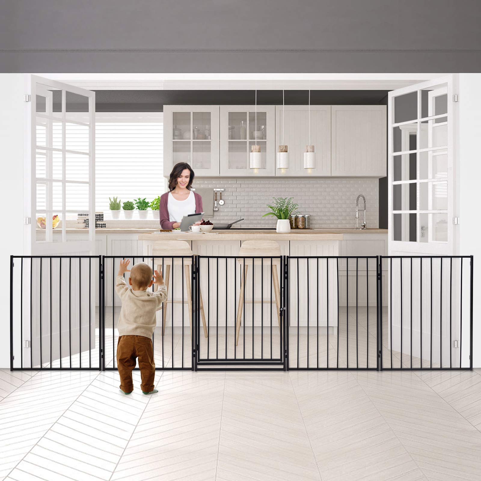 YRHome 5-TLG - Griglia di protezione per camino, per bambini, con porta, per cuccioli, 305 cm, colore: Nero
