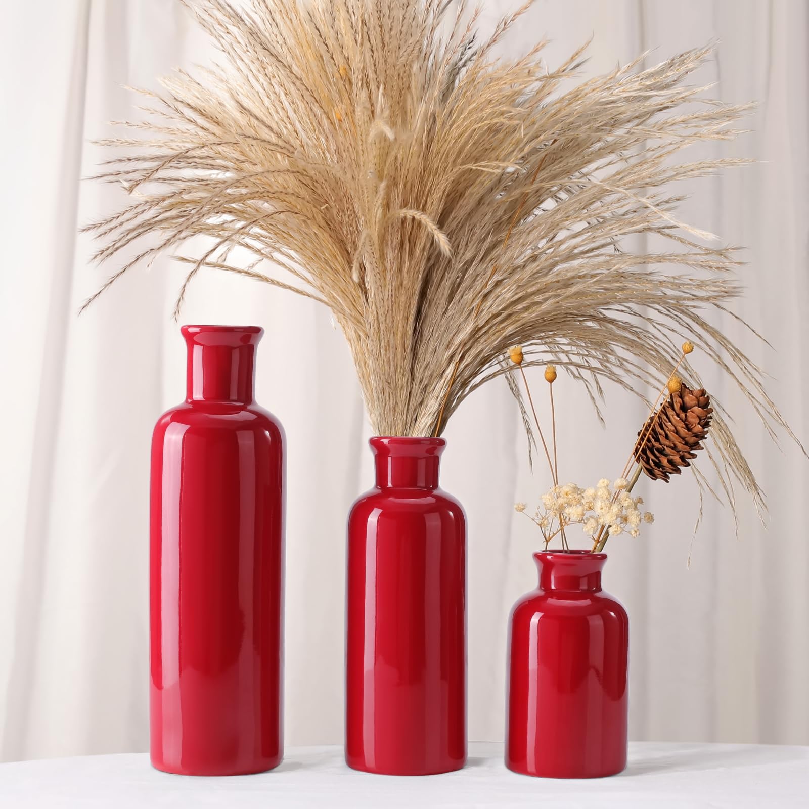 Rote Keramikvase, 3er-Set, Boho-Blumenvase, Raumdekoration, Bauernhaus-Dekor, Vasen für Ihre Küche, Badezimmer, Schlafzimmer, Wohnzimmer, Büro und Regal, Tafelaufsatz, Tischdekorationen