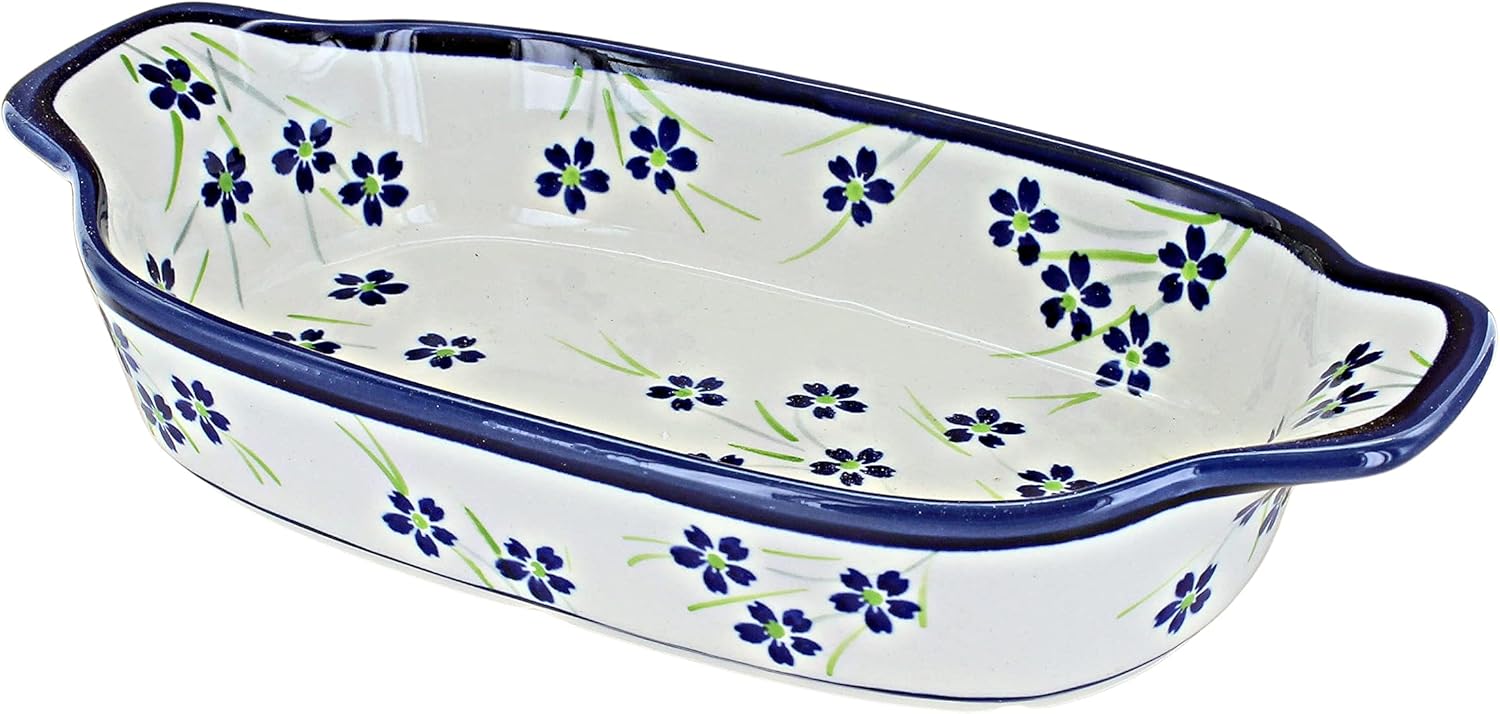 Blue Rose Polish Pottery - Blue Peacock Rectangular Serving Dish - 10" x 5.25" - Beautiful Dish for Bread, Salad, or Pasta