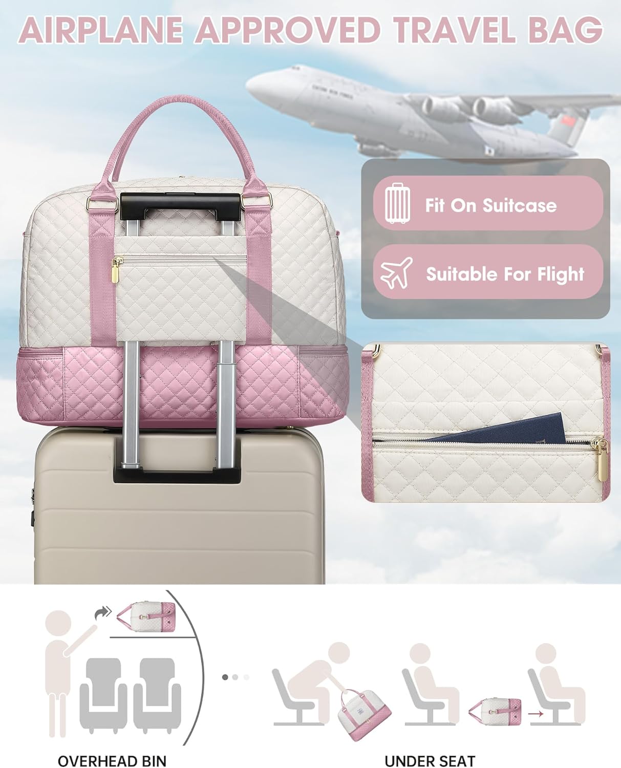 Weekender Travel Duffle Bag for Women: Overnight Bags with Shoe Compartment Carry on duffel Bag for Airplanes with 2 PCS Toiletry Bags Weekend Yoga Gym Hospital Bags with Wet Pocket Beige Pink