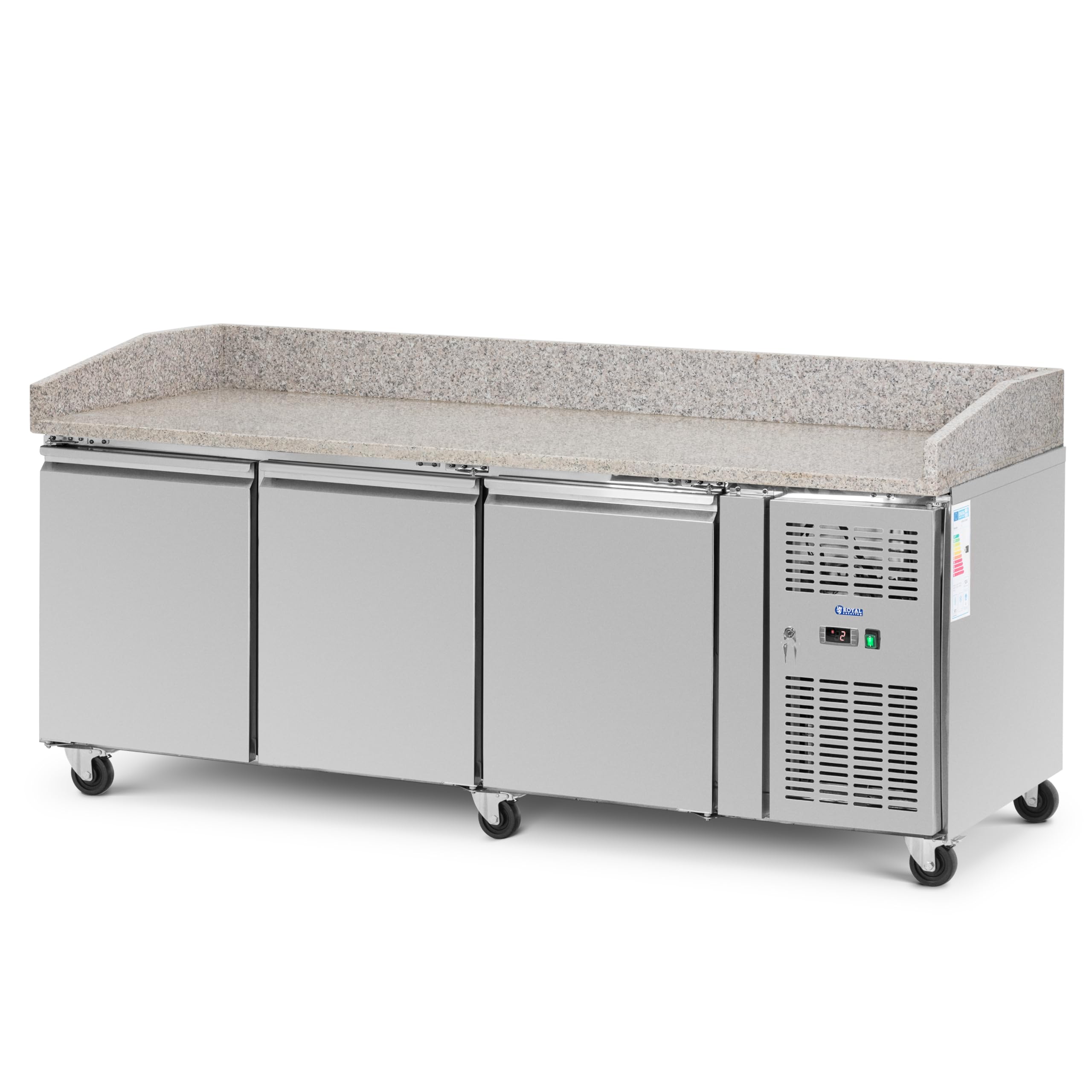 Royal Catering Mesa Refrigerada con Ruedas Volumen de 560 L 3 Compartimentos 202 x 80 cm Acero Inoxidable Bajomostrador refrigerado Mostrador refrigerado para hostelería