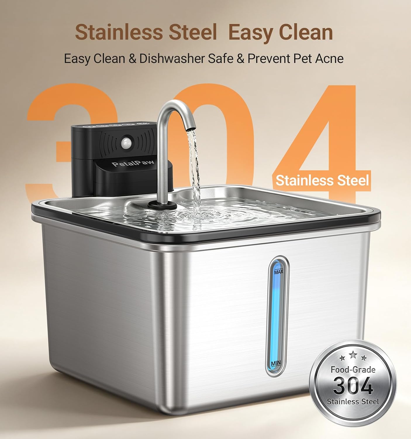 Wireless Cat Water Fountain, Water & Battery Separation, Faucet Design, PETALPAW, Cat Fountain Stainless Steel, 4000mAh, 3.5L Cordless Pet Water Dispenser for Indoor Cats & Small Dogs, Silver