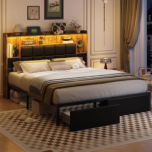 Miniatura 10 de Marco de cama LED tamaño Queen con 2 cajones de almacenamiento ocultos y estantería, cabecera de cuero PU, cama plataforma tapizada con estación de