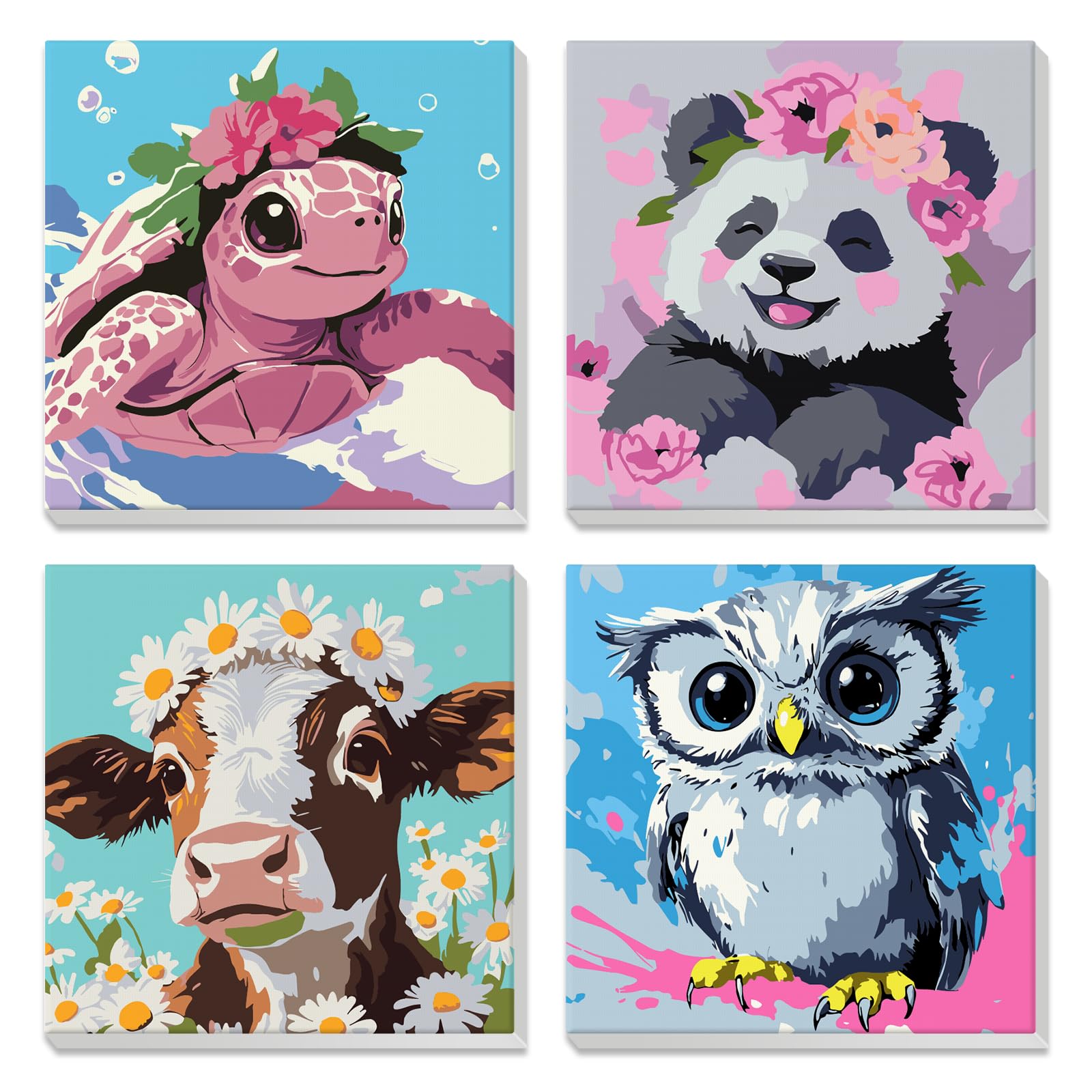 Pack De 4 Pintura Por Números Para Niños Y Adultos – Lienzos Con Marco De Tortuga, Panda, Búho Y Vaca, Acrílico 20x20 Cm