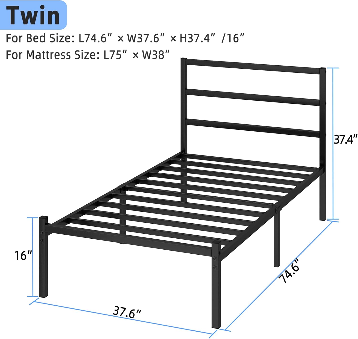 twin bed frames with headboard and footboard, 14 inch metal platform twin size bed frame with steel slat support, no box spring needed, noise free, easy assembly, black twin modern
