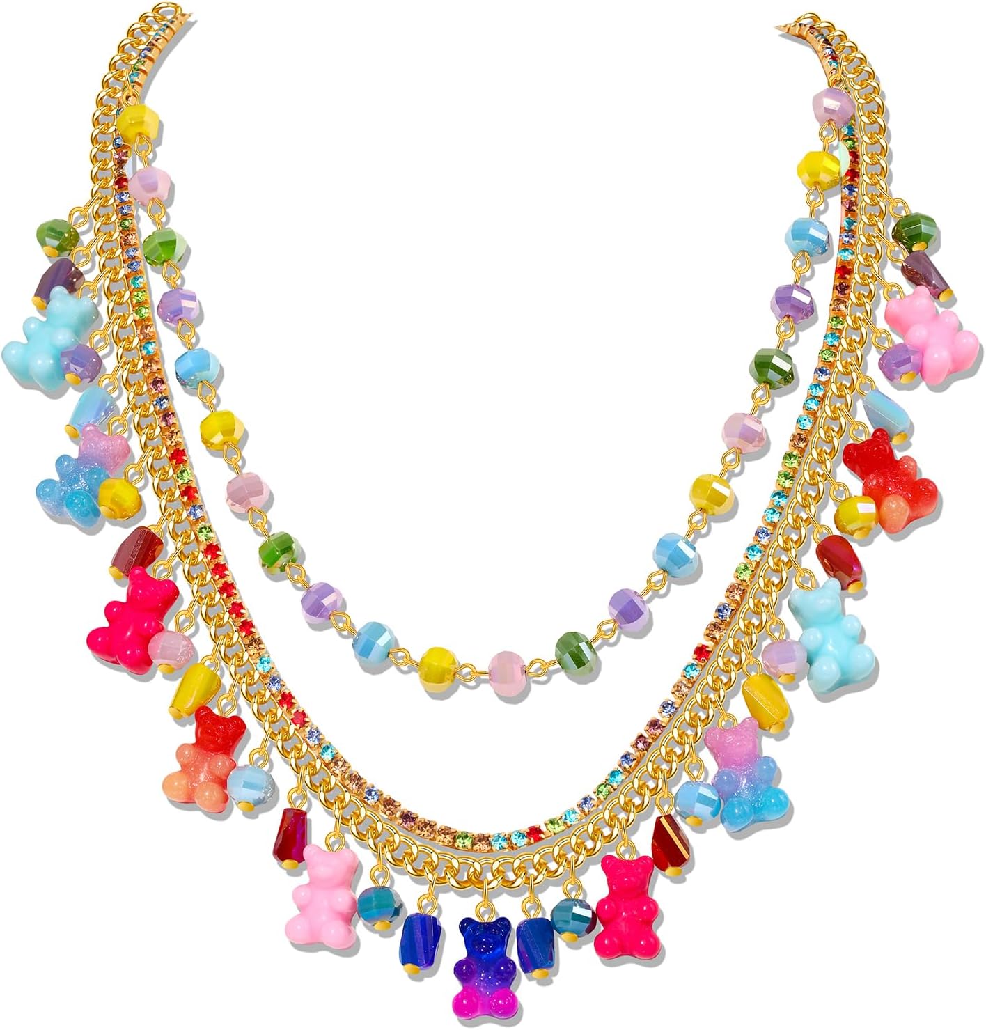 Candy Bear Layered Necklace for Women Funny Cute Colorful Crystal Beads Acrylic Bear Pendant Choker Necklace for Birthday Xmas Holiday Party Jewelry Gifts