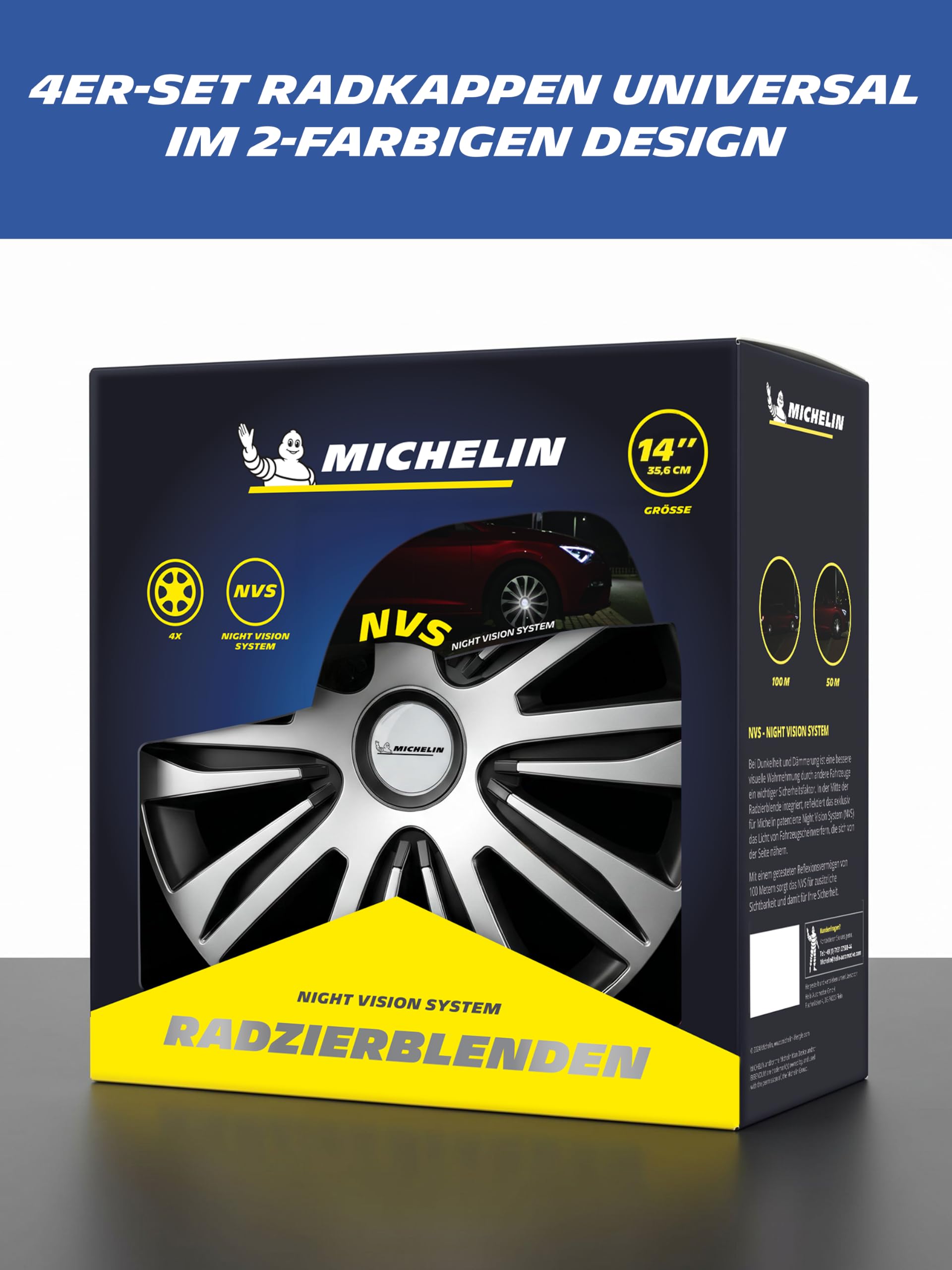 MICHELIN Copricerchi universali da 14 pollici, set da 4 pezzi, per auto, in plastica ABS, colore nero/argento