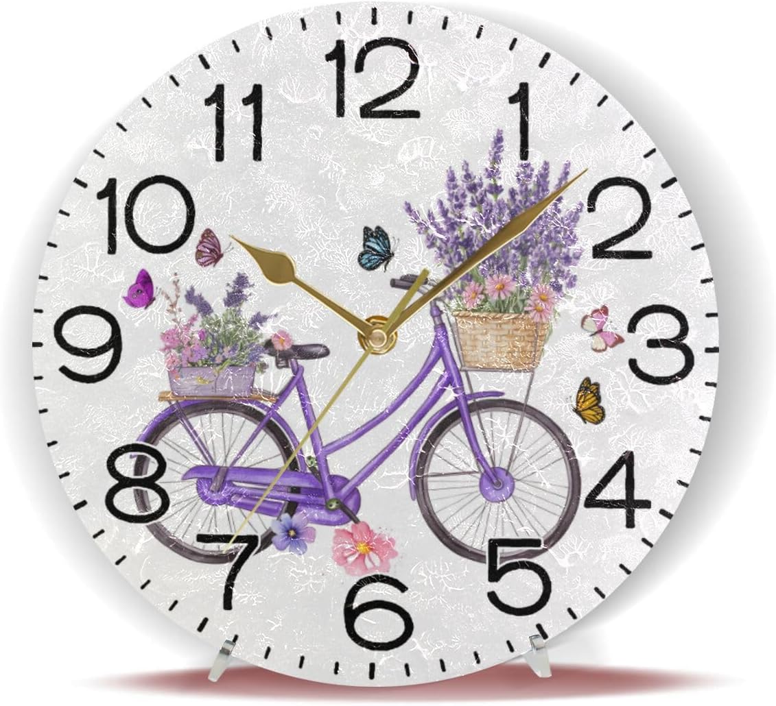 ALAZA Violet Bicycle Lavender Purple Flower Butterflies Wall Clock Battery Operated Non Ticking Silent Quartz Analog Rustic Farmhouse Round Clock Retro Decor for Home Kitchen Living Room Bathroom