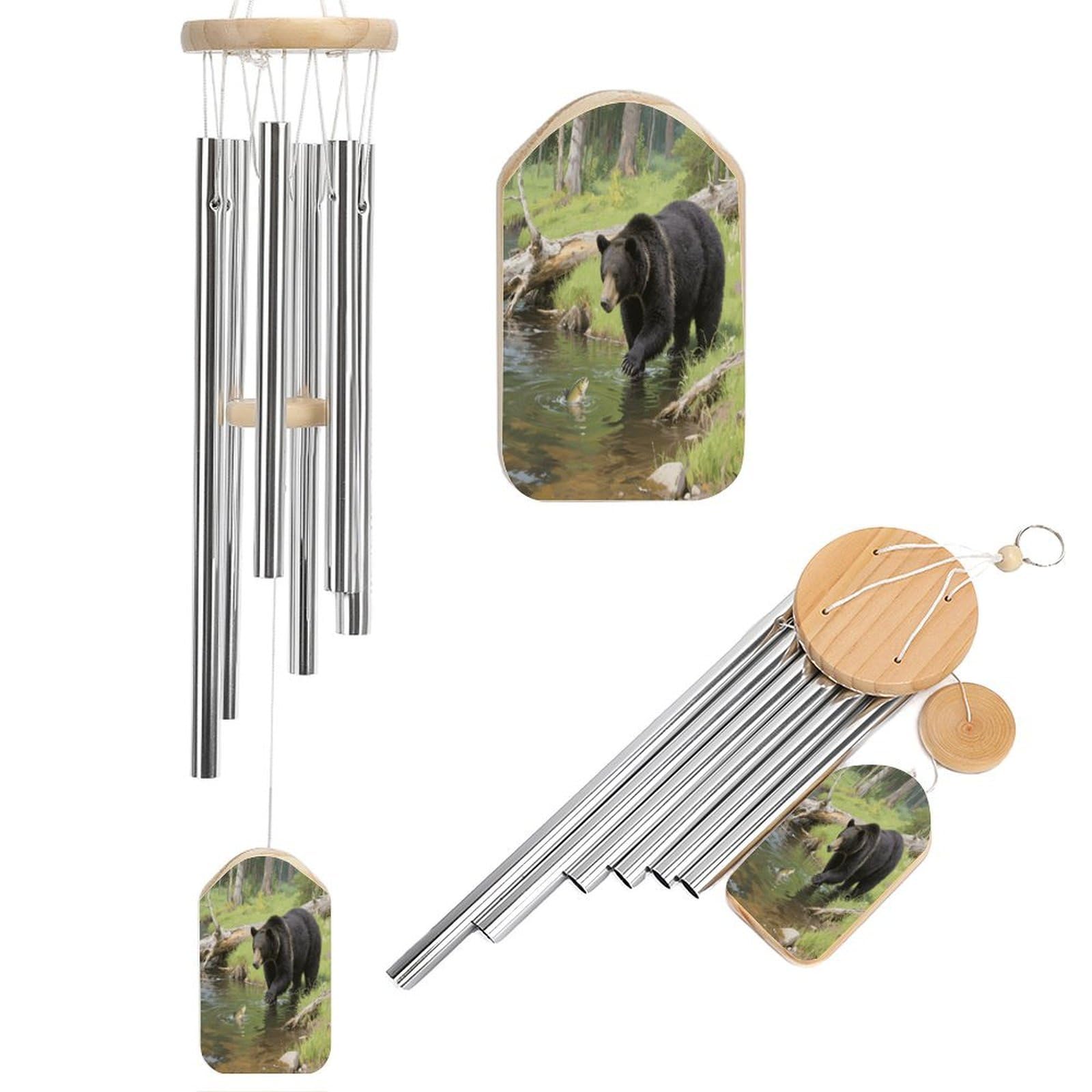 Black Bears Fishing in The Stream Memorial Wind Chimes for Loss of Loved One - Wooden Sympathy Windchimes for Outside - Small Bamboo Windchimes Outdoors - Condolence Remembrance Gift (50CM)