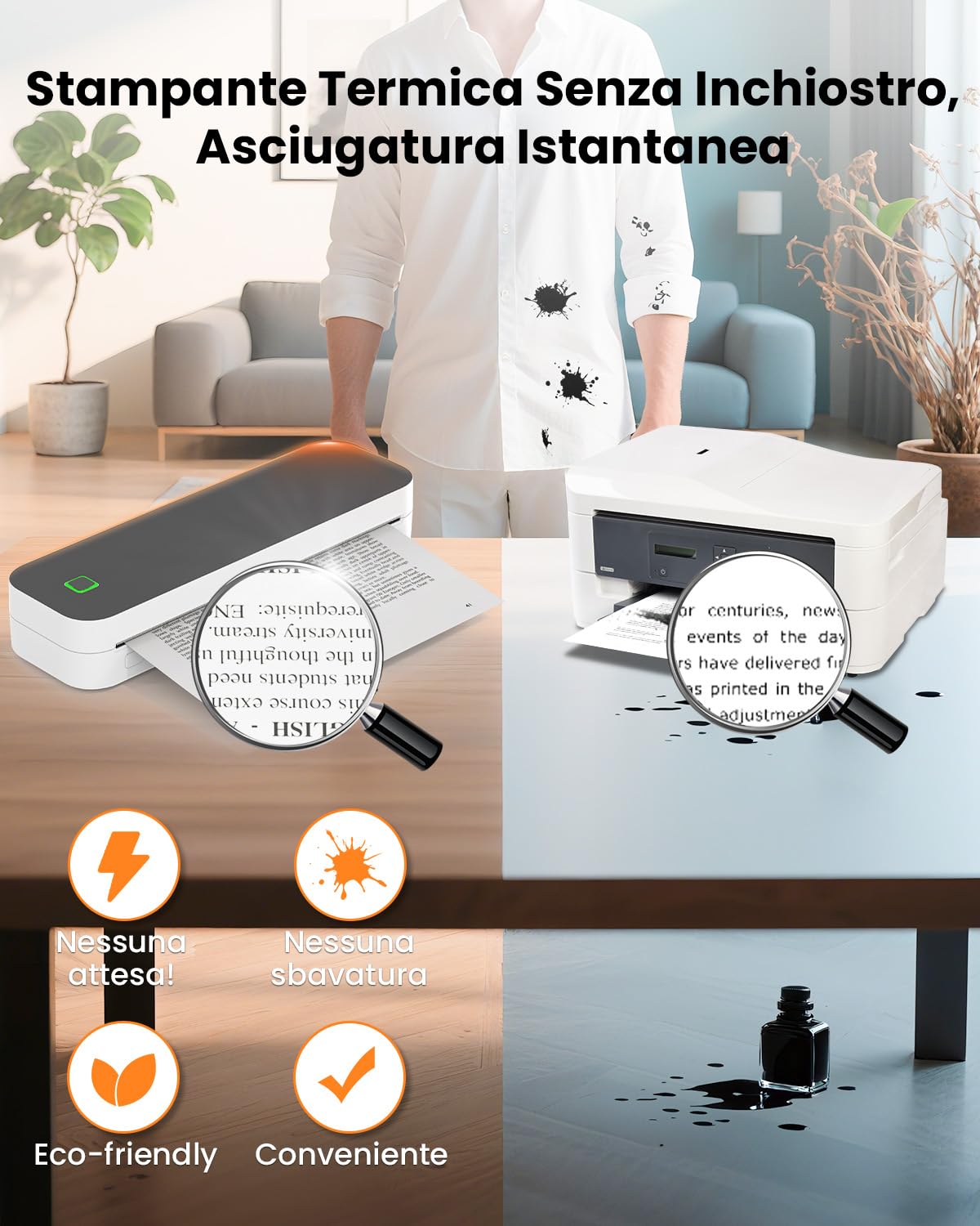 Stampante Portatile A4 Senza Inchiostro Bluetooth, Stampante Termica Bianco Nero per Viaggi e Lavoro