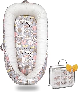 Baby Lounger-Breathable and Soft Organic 100% Cotton, Portable Infant Lounger with Removable Lounger Cover, Floor Lounger for Newborn - Sheep Monkey