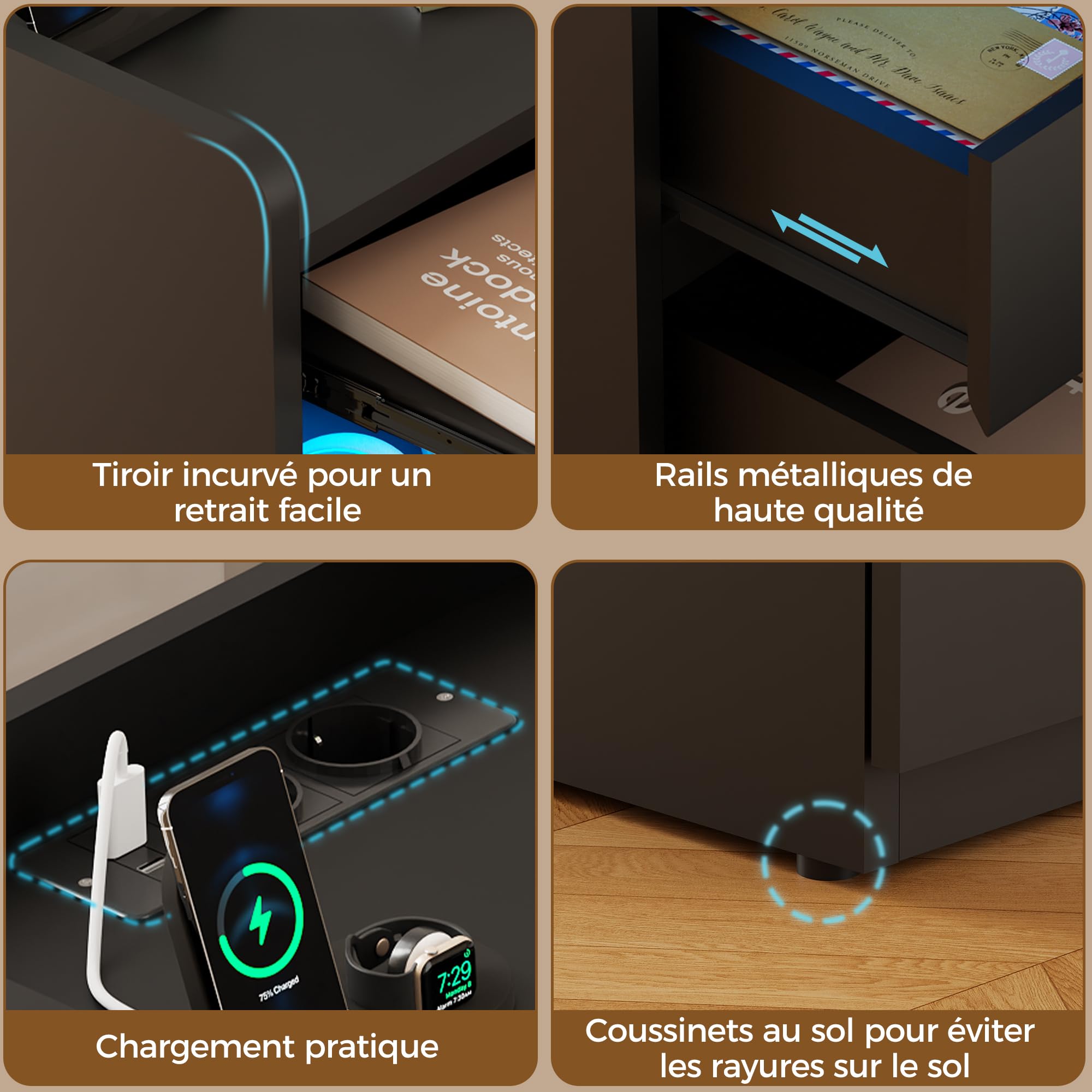 BEWISHOME Table de Chevet Lot de 2 avec,avec Compartiment caché,Moderne et Polyvalente Table de Nuit,avec Fonction de Charge,pour Salon,Chambre,Bureau,Noir EFCG02B