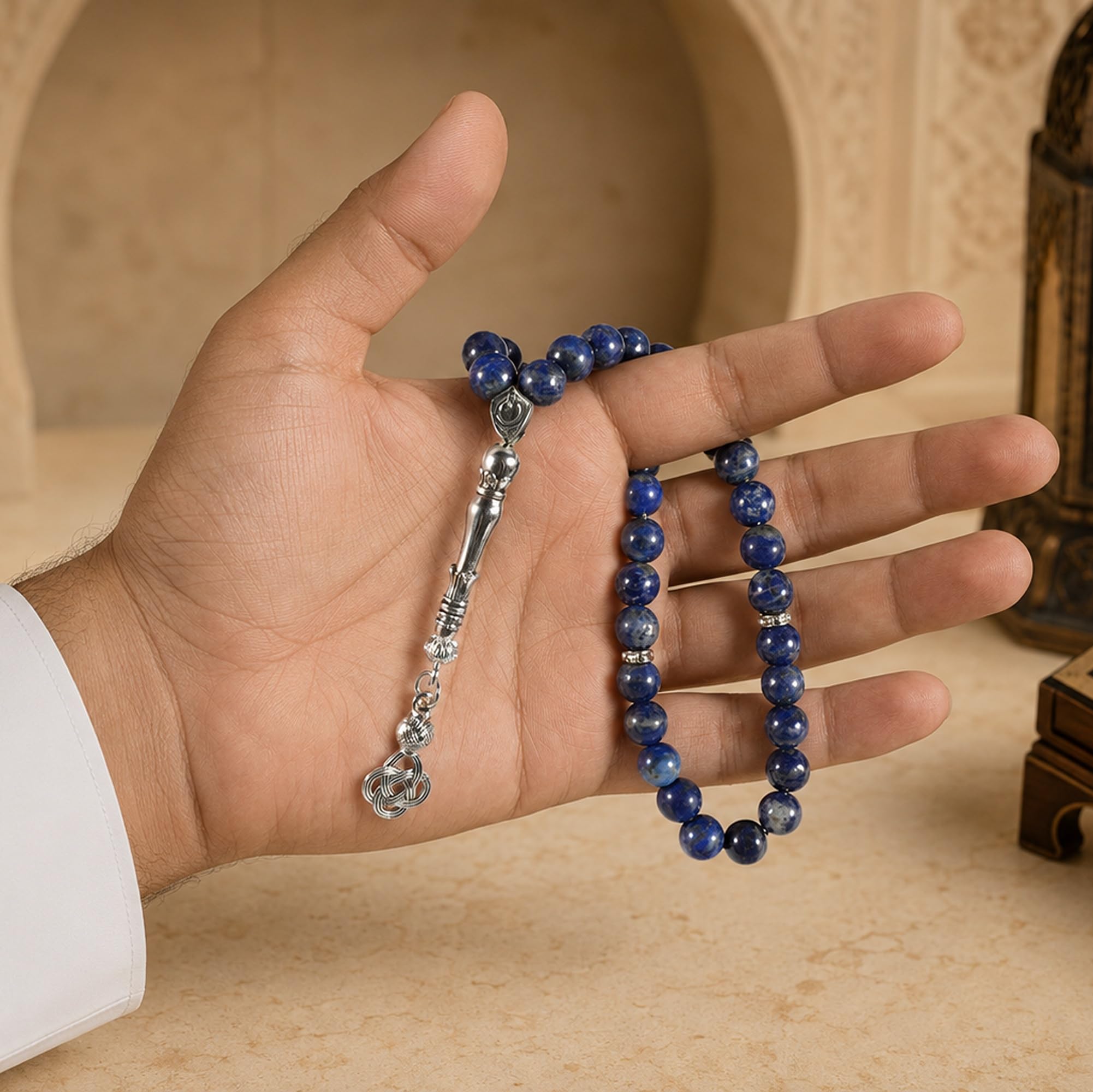 Tasbih niebieskie koraliki kamienne 33 koraliki z niebieskim pierścieniem tygrysie oko i pudełkiem na prezent, łańcuszek modlitewny Misbaha do dhikra i liczenia, zawieszka samochodowa, prezent dla