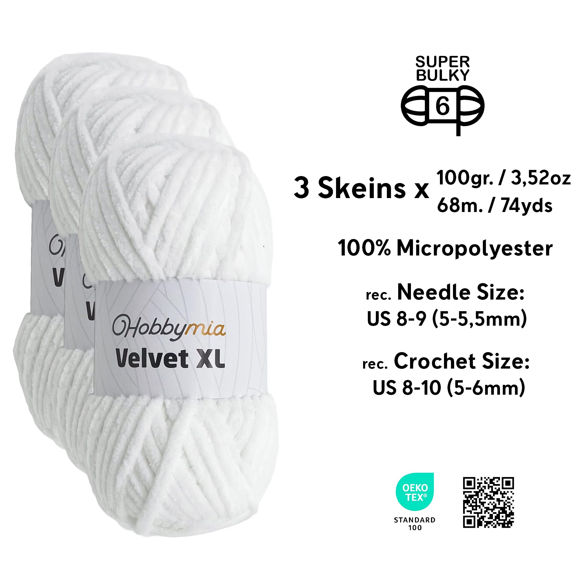 Velvet - Hilo de felpilla XL, hilo grueso súper voluminoso para ganchillo, hilo de felpa suave y esponjoso para ganchillo, 100 g/74 yardas, ideal para mantas de bebé y amigurumis (blanco, 3