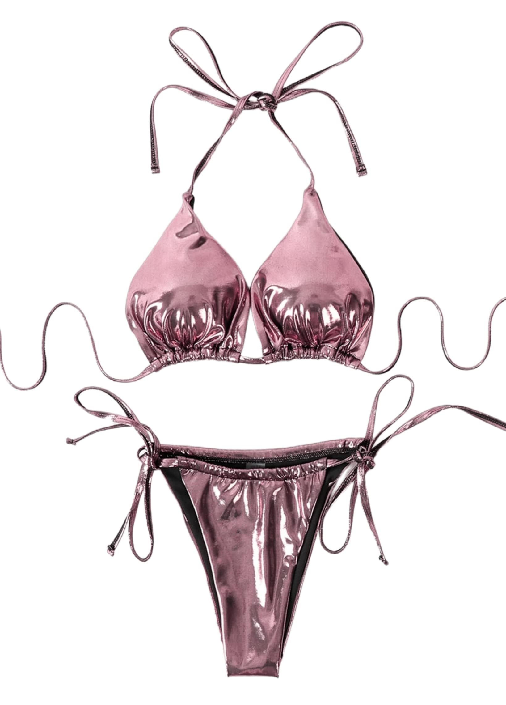 ZGMYC Women's 3 Piece Shiny Metallic Swimsuit Sexy Triangle Bikini Tie Side Thong Festival Outfit with Drawstring Mini Skirt: Small Pink