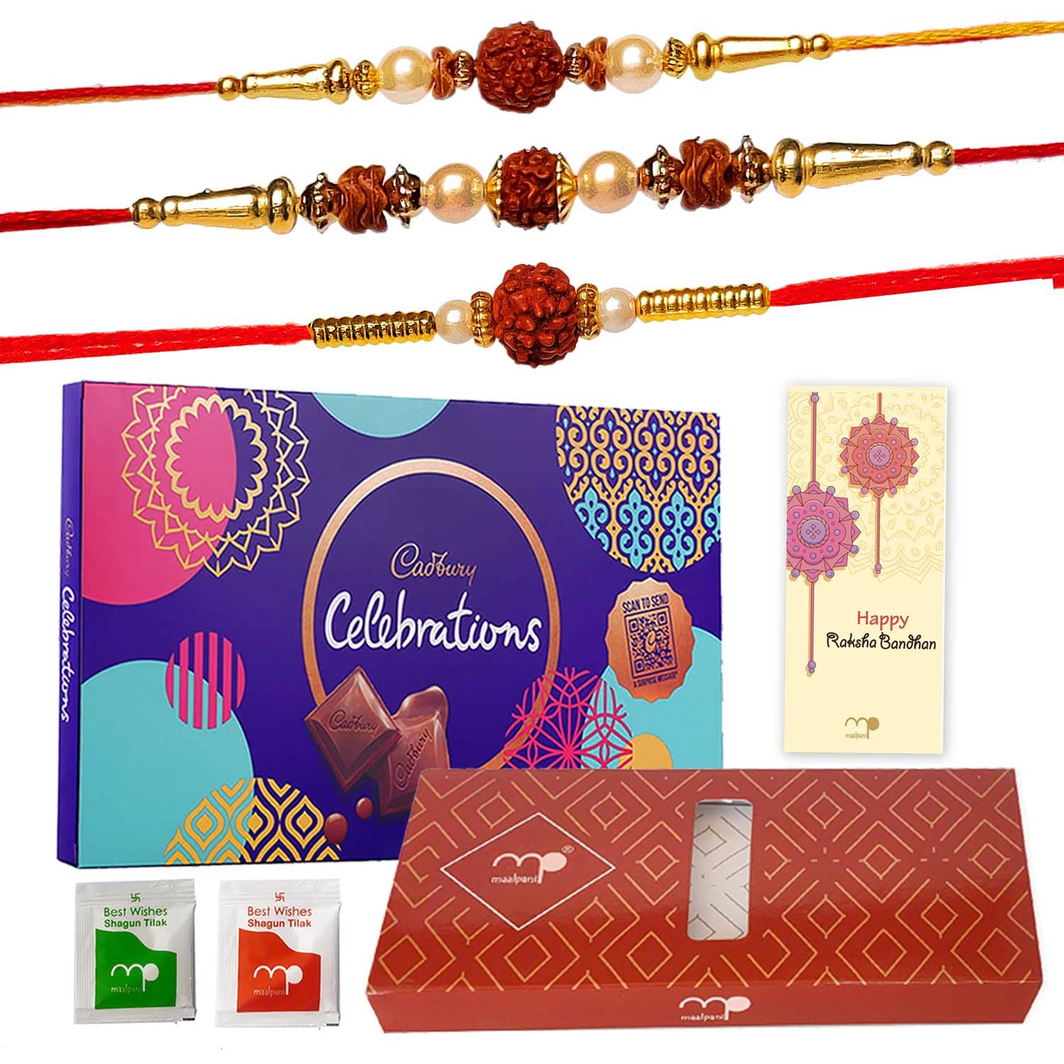 Maalpani Rakhi Chocolate Combo - Celebration - Set of 3 Rudraksh Rakhi for Brother Small Multicolor (B07F6CH6KJ) Amazon Price History, Amazon Price Tracker