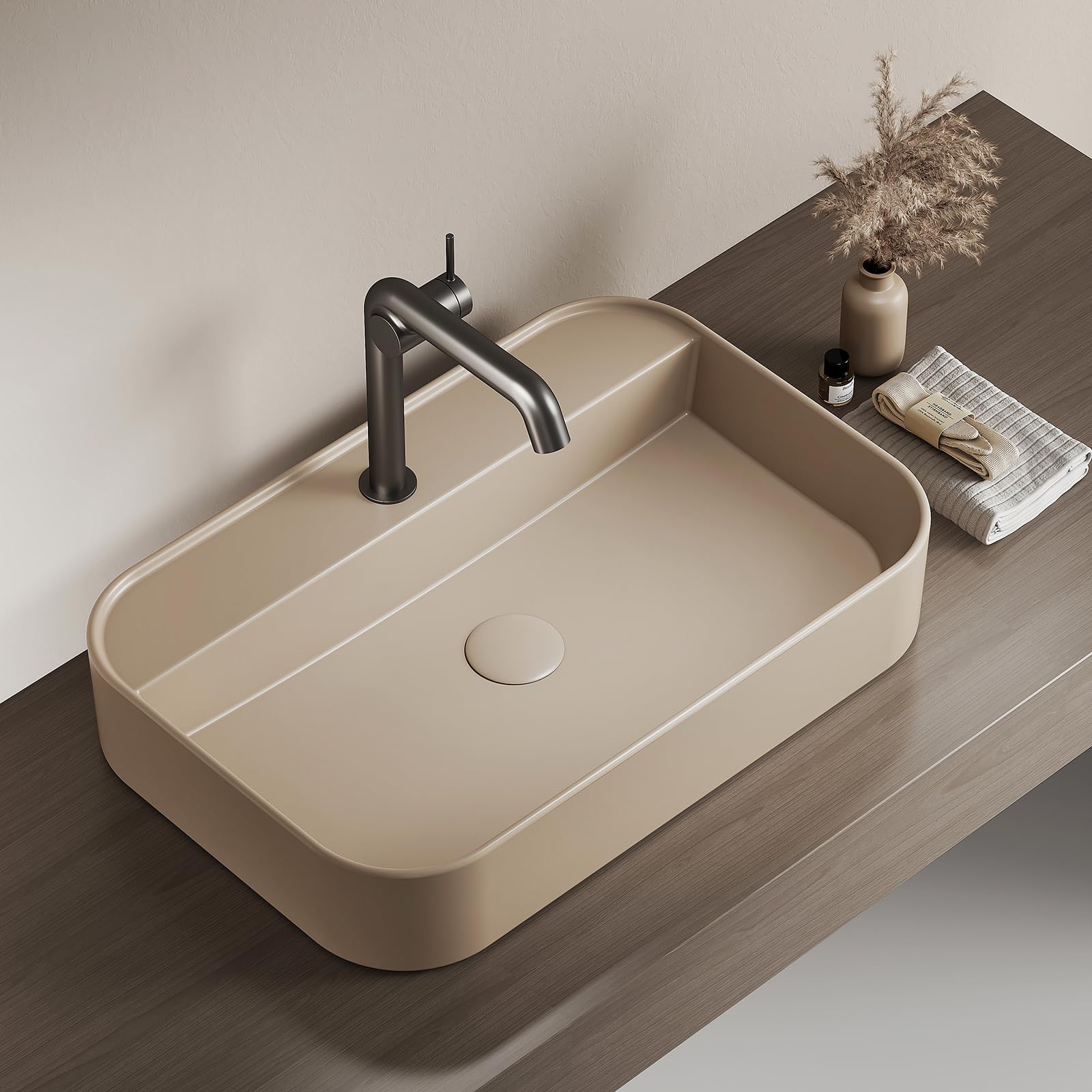 EMKE Vasque à Poser Design 60 x 40 cm, Beige Mat | Lavabo de Salle de Bain Rectangulaire en Céramique Artisanale, Cuve de Élégante et Intemporelle (Sans Robinet ni Bonde)