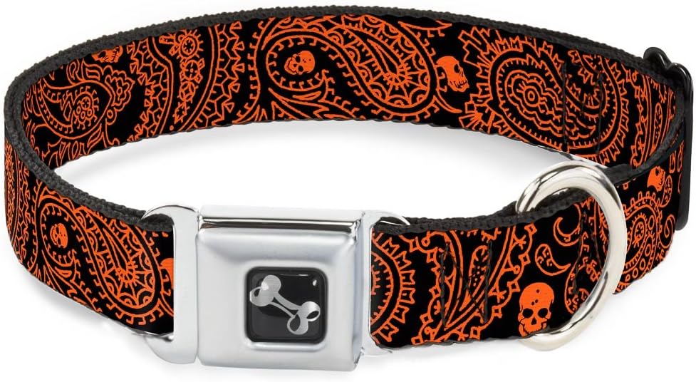 Dog Collar Seatbelt Buckle Bandana Skulls Black Orange 18 to 32 Inches 1.5 Inch Wide
