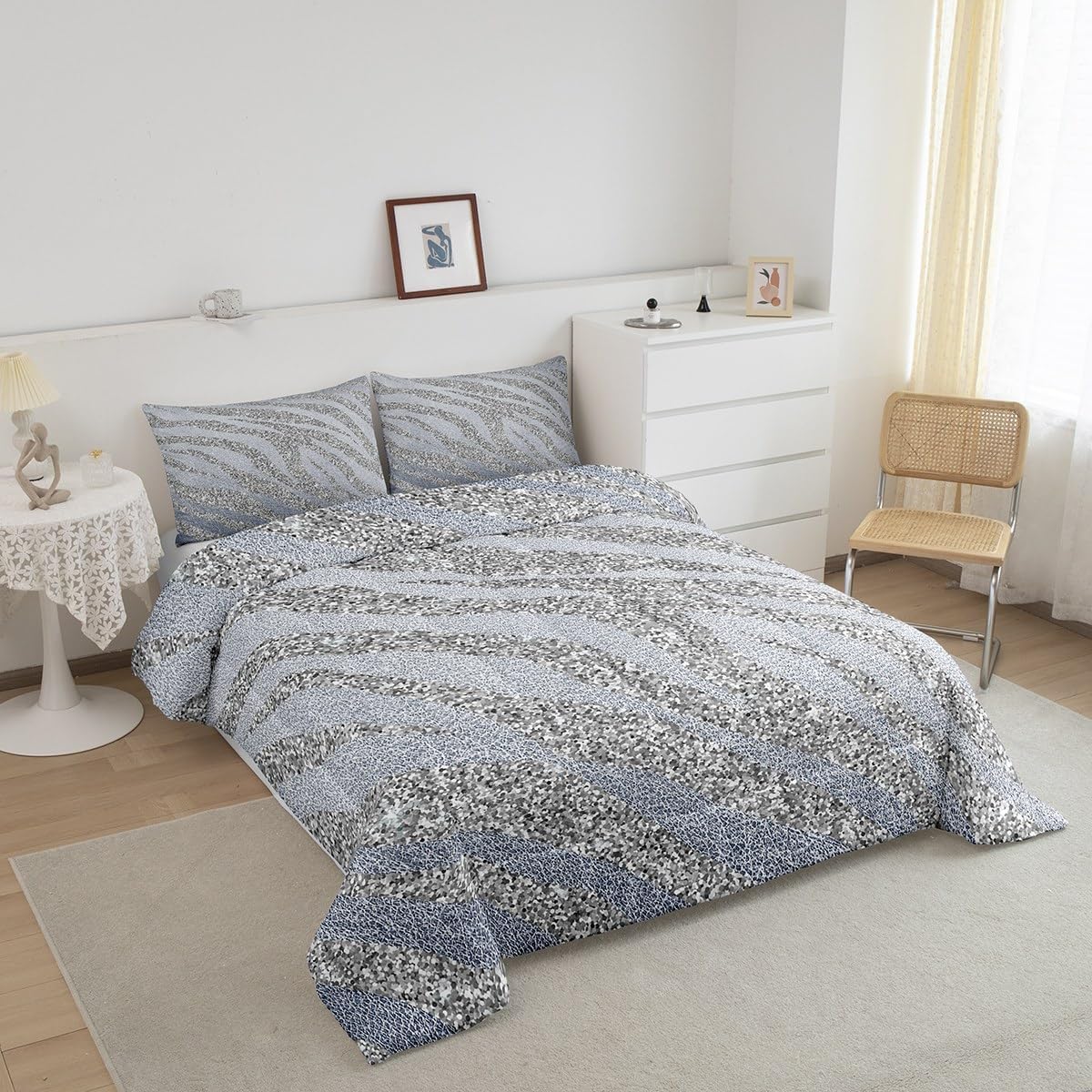 Erosebridal Glitter Zebra Print Comforter Set Queen Cute Animal Bedding Set, Grey Sequins Bedding Sets & Collections Gray Ombre Gradient Down Comforter, Luxury Safari Wildlife Skin Pattern Bed Sets