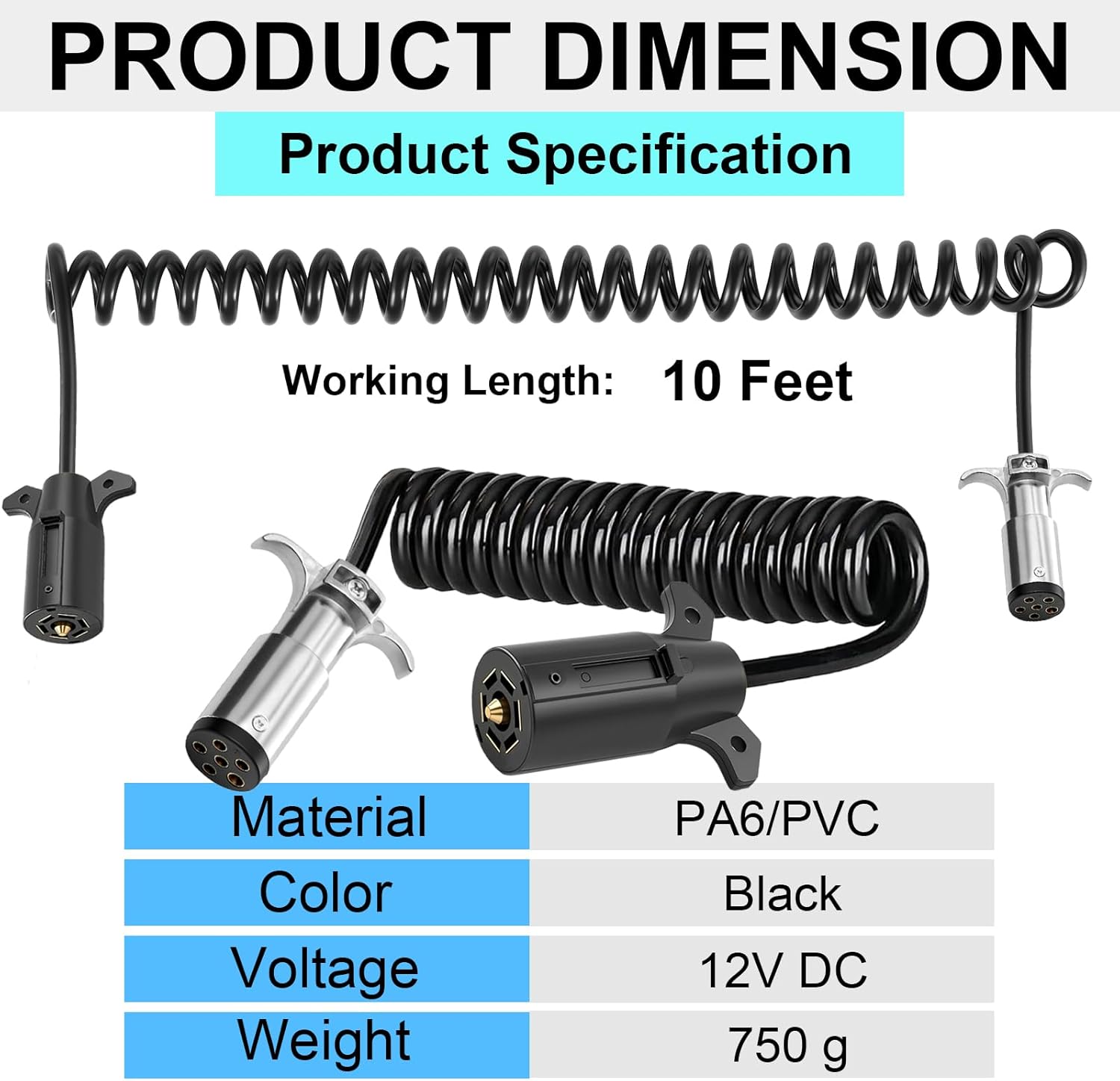 7 Pin to 6 Pin Trailer Adapter, Coiled Trailer Cord Stretches to 10Feet, 7-Wire to 6-Wire Coiled Cable RV 7 to 6 Trailer Wiring Extension Cord