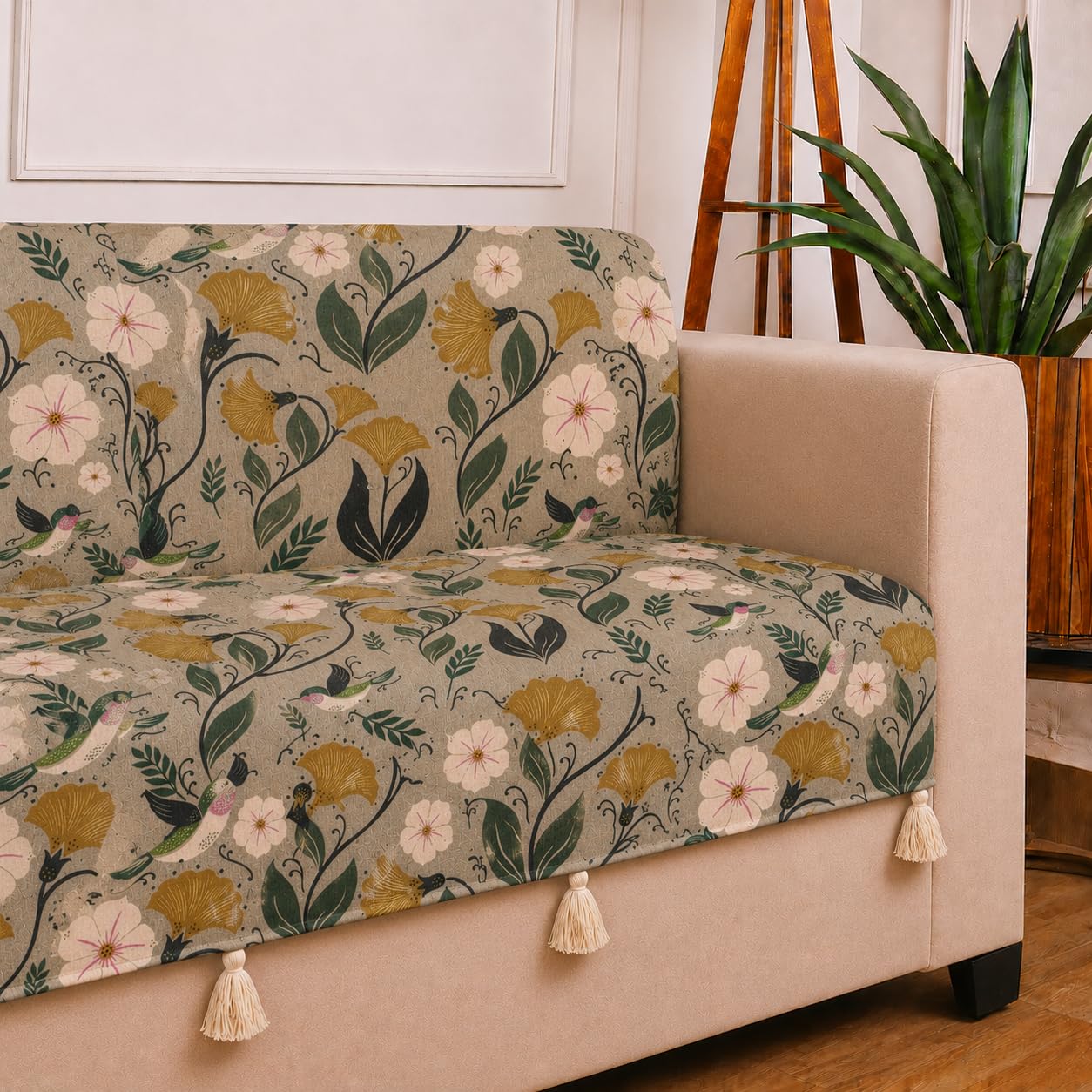 STITCHNEST 'Eden Weaves Collection Series' 1 Seater Sofa Cover – Full Coverage| Elegant Woven Fabric, Decorative Tassels, Washable & Durable for Modern Living