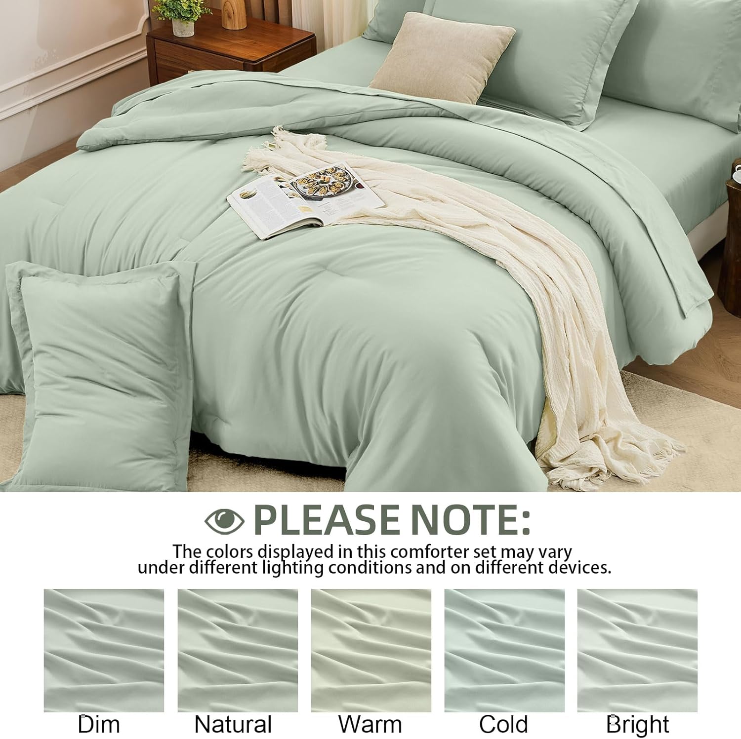 FUANNA Queen Comforter Set Sage Green, 7 Pieces Soft Bedding Sets Queen Size, All Season Lightweight Bed in a Bag with Comforter, Flat Sheet, Fitted Sheet, Pillowcases & Shams - Image 8