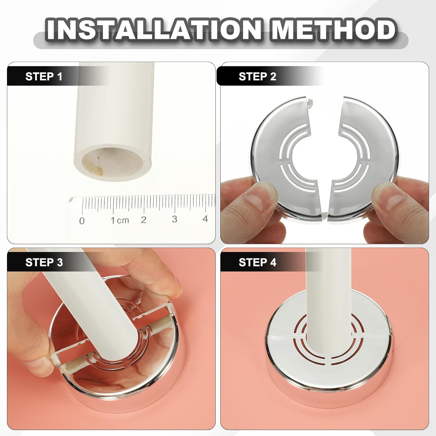 HARFINGTON 2pcs Wall Split Flange 0.59" (15mm) Plastic Round Adjustable Split Flange Pipe Cover Clip-on Escutcheon Collar Under Sink Pipe Radiator for Bathroom Kitchen Toilet, White