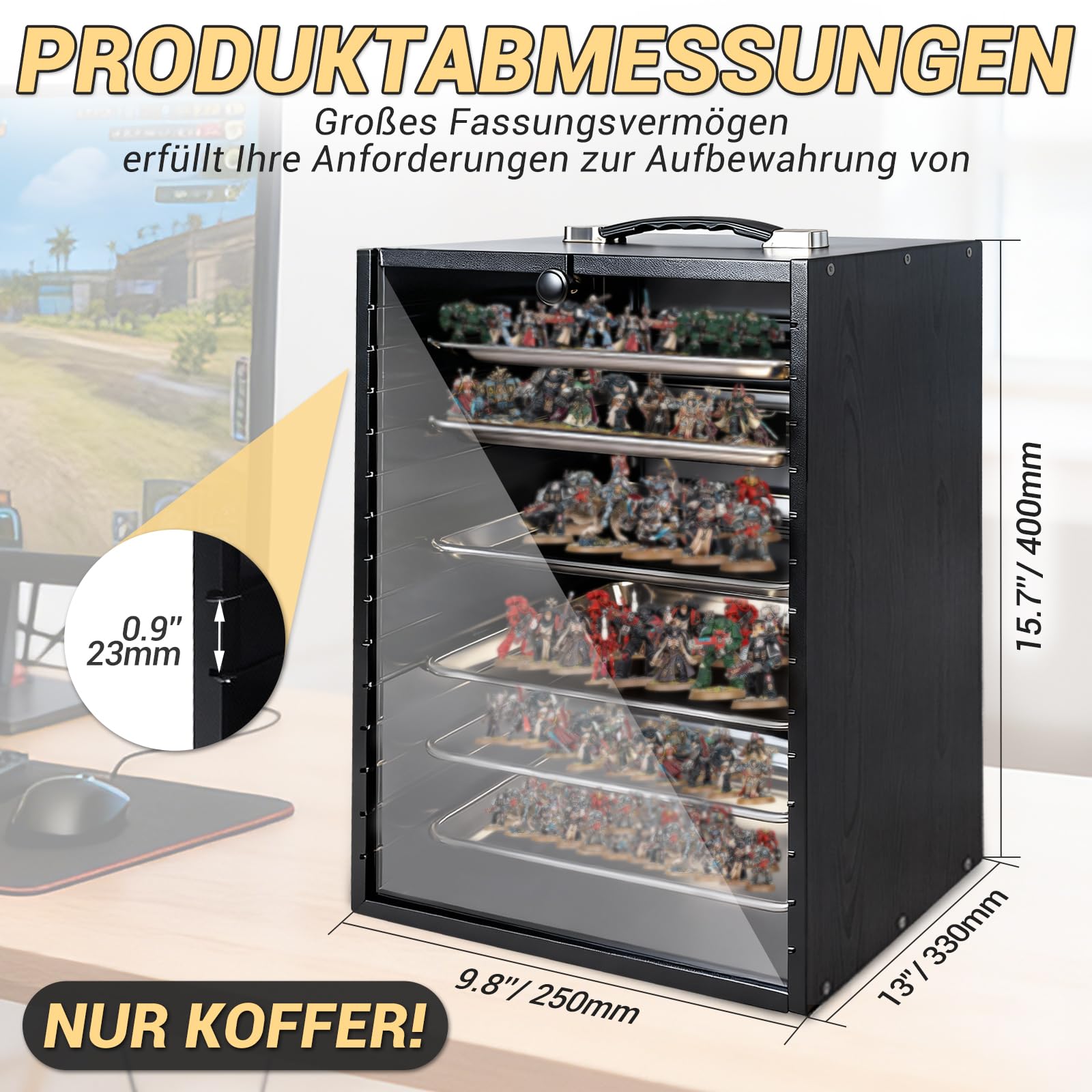 Miniaturen-Transportkoffer für Sammlerstücke, Holz-Miniaturen Aufbewahrungs- und Vitrinenkoffer für Figuren und Actionfiguren, Tragbarer Figuren-Display- und Transportkoffer (Schwarz Figurenbox)