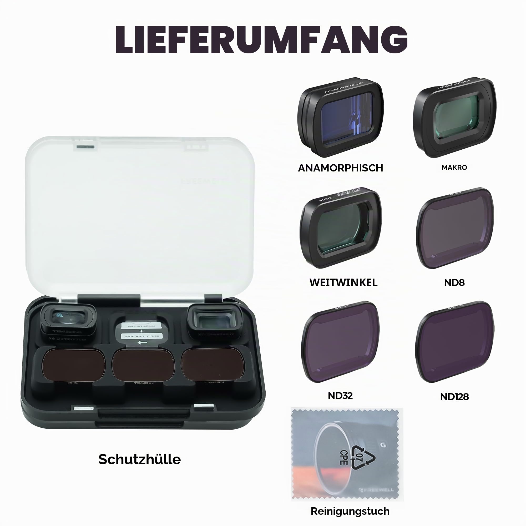 Freewell 2-in-1 Makro-Objektiv-Set für Pocket 4/3/Xtra Muse, 40 mm & Weitwinkel, 0,9-Fach, inklusive anamorphem 1,1-Fach-Objektiv, ND8/ND32/ND128, für Kinofotografie und Videografie