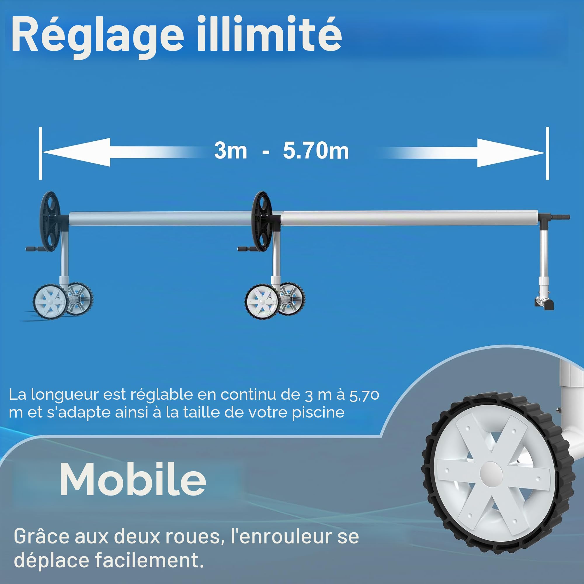 Froadp Enrouleur de piscine 300-570 cm Enrouleur de film de piscine en aluminium Systèmes d'enroulement Bâche de piscine Résistant aux intempéries Pour bâche solaire et bâches de piscine
