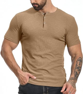 YTD Mens Muscle T Shirts Stretch Short Sleeve Workout Tee Casual Slim Fit Henley Shirt