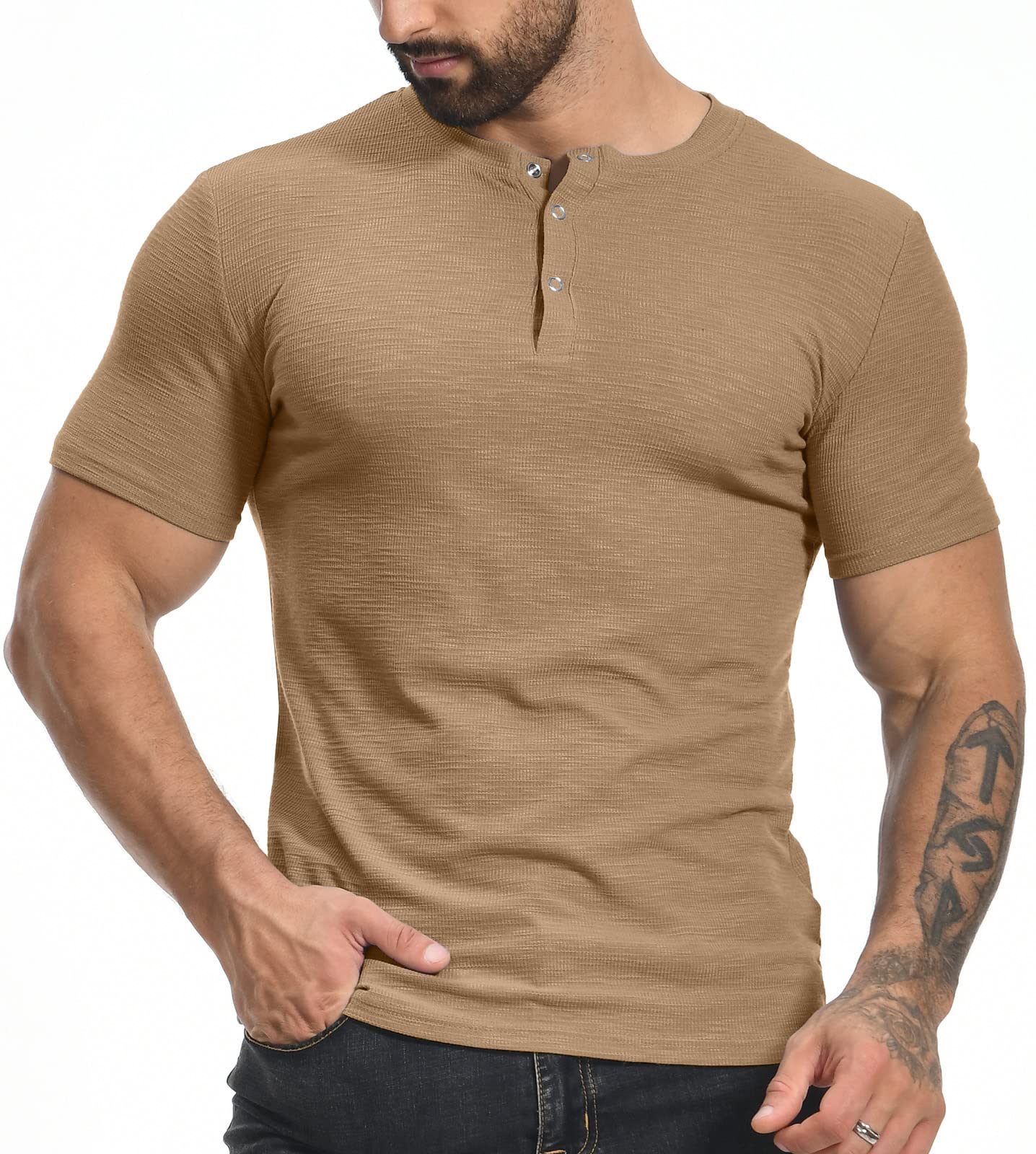 YTD Men's Muscle T Shirts Stretch Short Sleeve Workout Tee Casual Slim Fit Henley Shirt