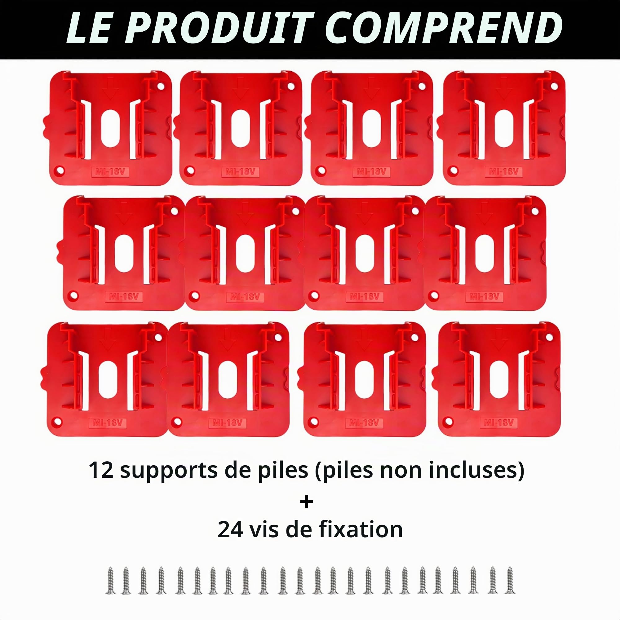 12 x Supports de batterie rouges pour batterie d'outils Milwaukee M18 18 V (12 pièces,Supports batterie milwaukee m18)
