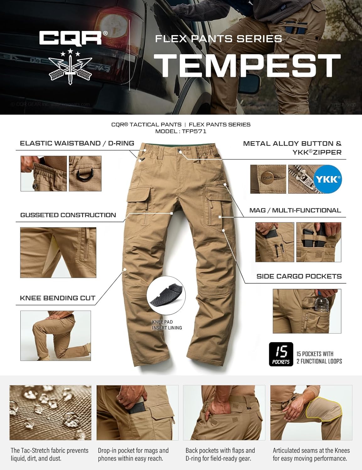 CQR Men's Flex Stretch Tactical Pants, Water Resistant Ripstop Cargo Pants, Lightweight EDC Outdoor Work Hiking Pants - Image 7