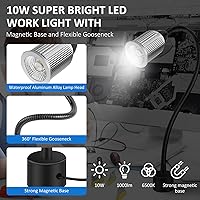 Vista 2 de Luz de trabajo LED de máquina magnética de 10 W con cuello de cisne flexible y base magnética, 1000 lm, lámpara de herramienta de base magnética