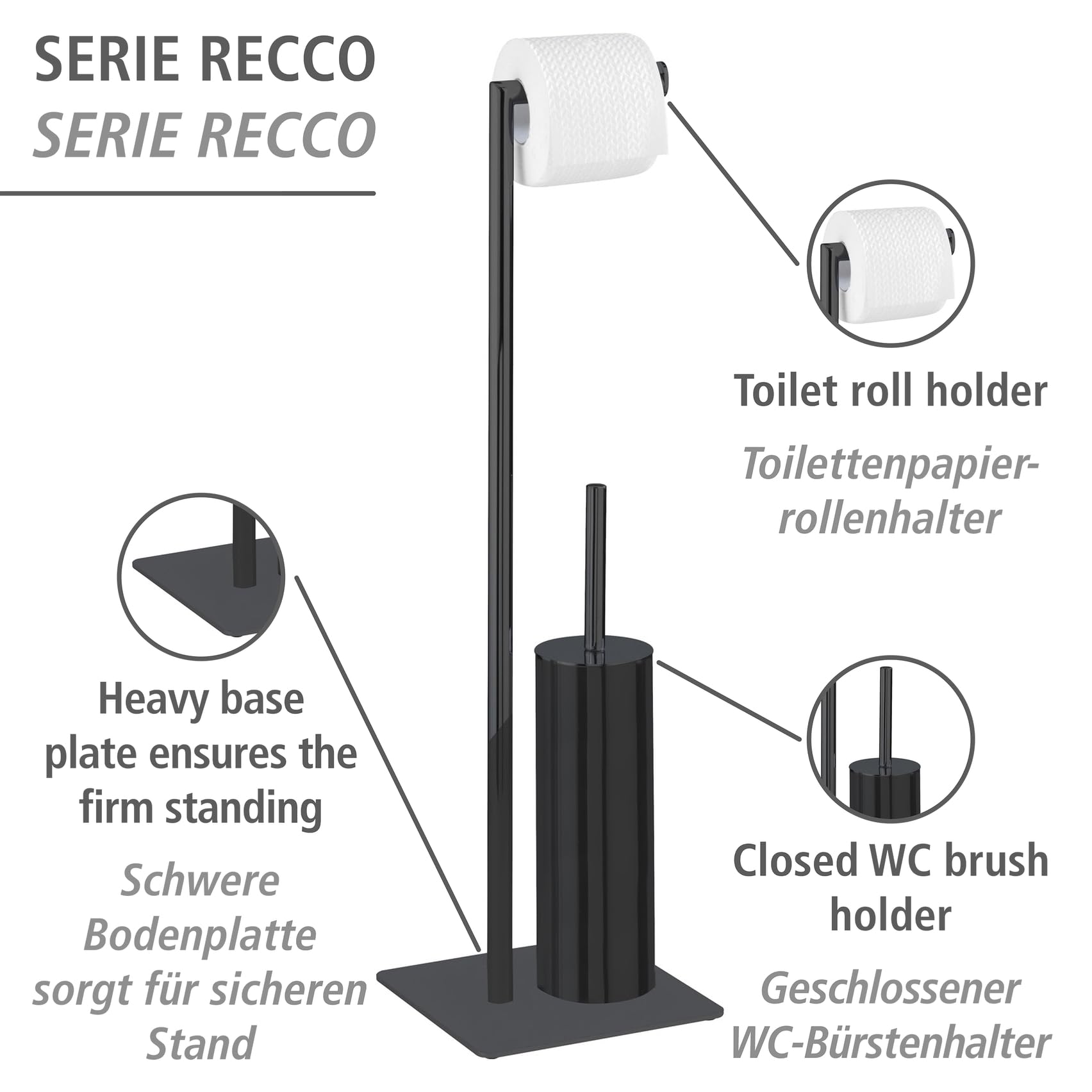 WENKO Stand Recco - Escobillero para Inodoro (2 en 1, Acero Lacado, Base Pesada, 20 x 71,5 x 20 cm), Color Negro