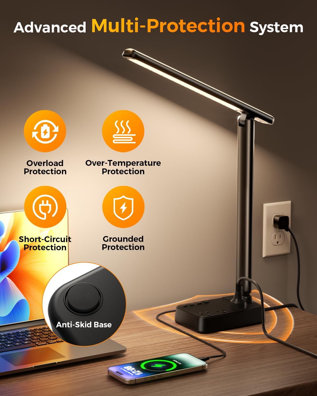 Airlonv LED Desk Lamp for Office Home, Power Strip with 3 Outlets 4 USB Charging Ports(2 USBC), 4 Modes 5 Level Brightness Desk Light, Small Desk Lamp for College Dorm Room Essentials