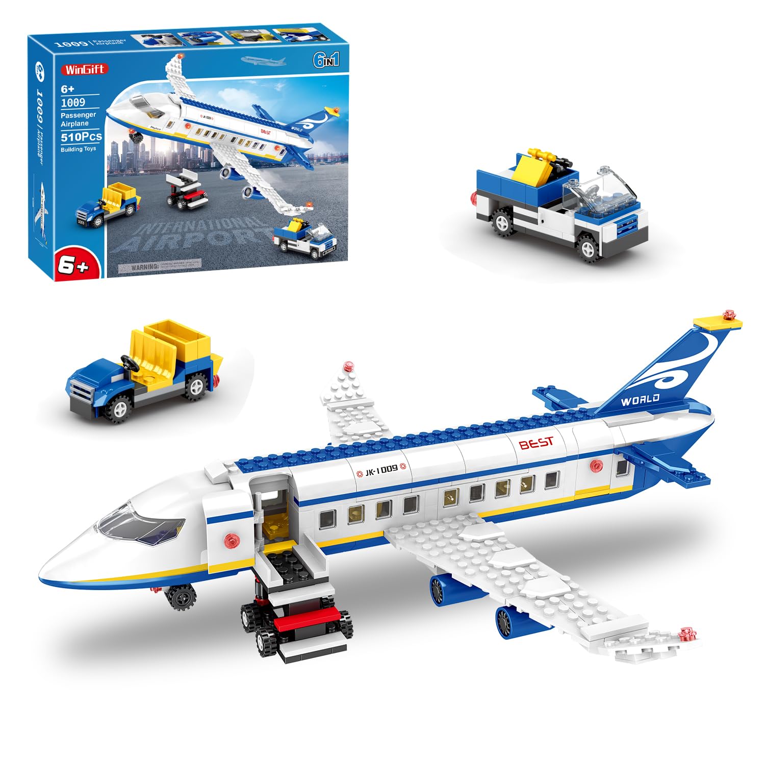 510 Pcs City Passenger Airplane Building Set, 6 IN1 Plane Building Blocks Toys, STEM Aircraft Bricks with Shuttle Bus, Baggage Truck,Airplanes Model Toys Gifts for Adults Boys Girls Age 6-12+