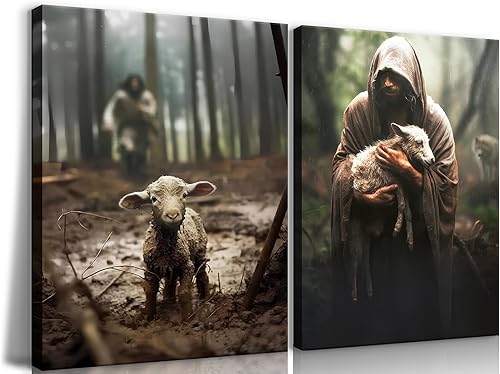 Miniatura 8 de 2 piezas de lienzo de Jesús y cordero, arte de pared con texto en inglés Jesús Save Lost Lamb (salvar el cordero perdido, impresiones de cuadros