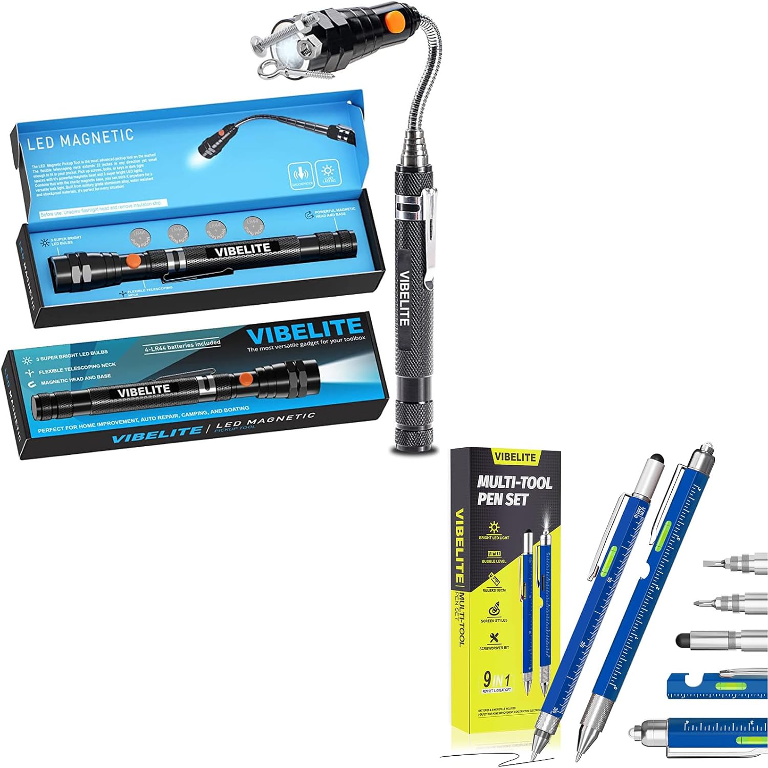 Extendable Magnetic Flashlight with Telescoping Magnet Pickup Tool, 2Pack 9 in 1 Multitool Pen Set with LED, Stylus, Level, Screwdriver, Stocking Stuffers for Men Him Husband Dad Father, Blue